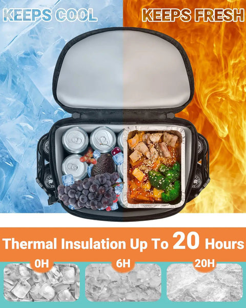 Open view of Insulated Soft Cooler Backpack For 30 Can Capacity showing drinks on ice and hot meal, split to keep food fresh.