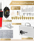 Pro Grade Wood Burning Kit With Letters For Pyrography Adjustable Temperature Pen Safety Stand 27 Tips With Cutting Blade Stencils And Deluxe Case For Easy DIY Wood Art including metal stencil and aluminum case.