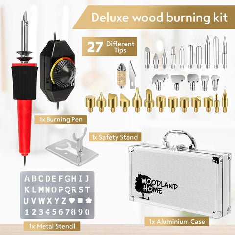 Pro Grade Wood Burning Kit With Letters For Pyrography Adjustable Temperature Pen Safety Stand 27 Tips With Cutting Blade Stencils And Deluxe Case For Easy DIY Wood Art including metal stencil and aluminum case.