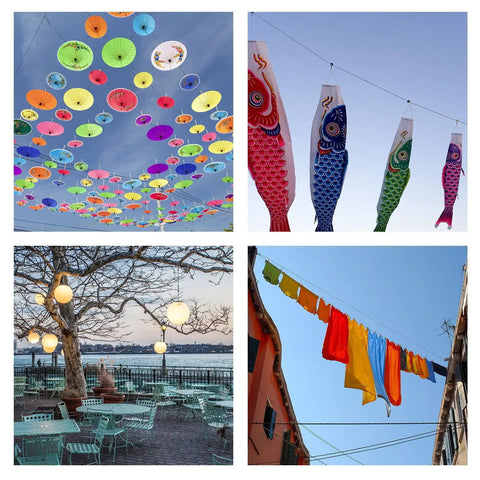 Collage of outdoor decorations using the All In One Outdoor Globe String Light Kit With 164 Ft Nylon Coated Stainless Steel Wire Rope Cable Turnbuckles And Hooks For Easy Indoor Or Outdoor Hanging, Romantic Party Decor And Photo Or Clothes Hanging, Complete Accessory Set.