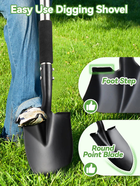Person using Heavy Duty Garden Shovel With D-Handle, 31-Inch Steel Spade, sharp round point, comfort grip in grass