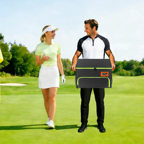 Golfers holding a Double Layer Golf Trunk Organizer With Shoe Compartment And Waterproof Storage, black and green.