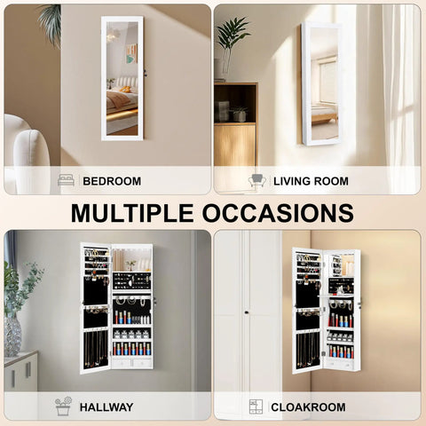 Full-Length Mirror Jewelry Cabinet With LED Interior Lights, Wall Or Door Mounted Armoire in bedroom, living room, hallway views