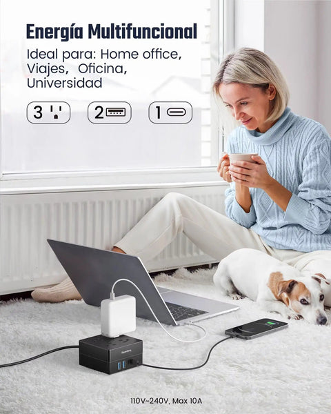 4-Outlet 4-USB Surge Protector With 5 Ft Extension Cord 900 Joules Overload Switch on white carpet with laptop and phone