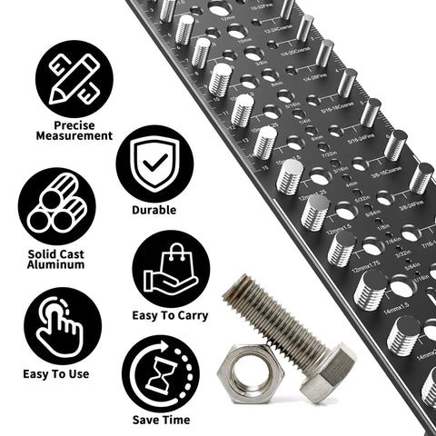 51 In 1 Bolt Size Finder And Thread Checker With 32 Metric And 32 SAE Gauges, 19 Drill Bit Check Holes featured with diagram and bolts.