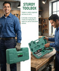 Man holding Ultimate Heavy-Duty Hydraulic Cable Crimping Tool for Battery Terminals kit in green toolbox with tools visible