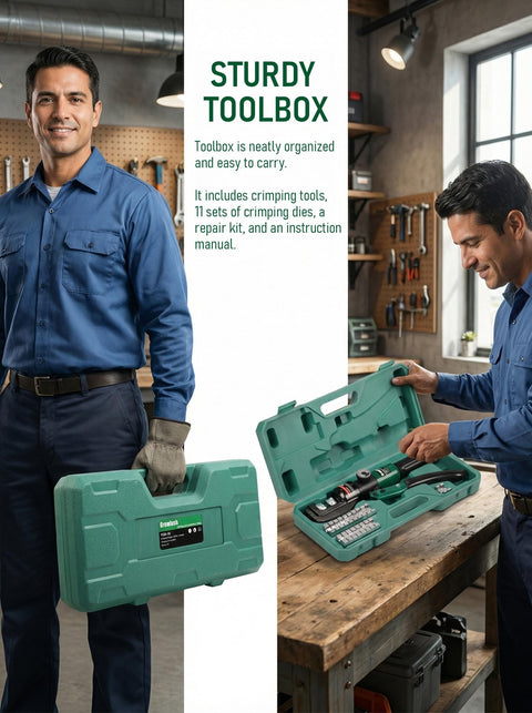Man holding Ultimate Heavy-Duty Hydraulic Cable Crimping Tool for Battery Terminals kit in green toolbox with tools visible