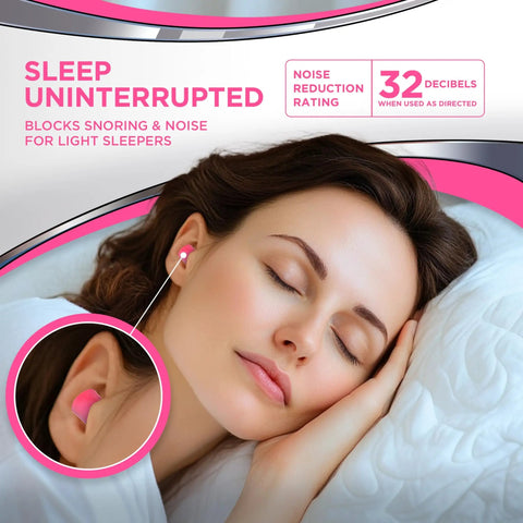 Woman sleeping with Sleep Pretty In Pink Earplugs For Light Sleepers, Petite Size PU Foam With NRR 32, Pink Pack Of 100 Pairs.