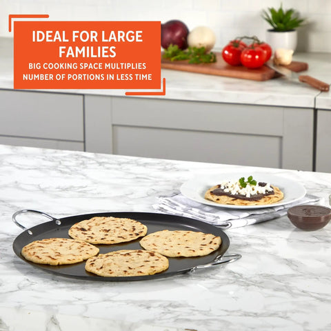 13.5 Inch Carbon Steel Nonstick Round Comal With Metal Handles Durable Black Pan for tortillas on marble countertop