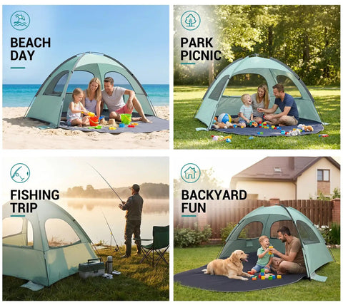 Mint Green Beach Tent With Anti UV Sun Shade Portable 3 Person Shelter in beach, park, fishing, and backyard settings