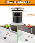 Diagram showing Pop Up Bathroom Sink Drain With Overflow For Vessel Sinks, Push Type Stopper, Brushed Nickel Vanity Assembly With Strainer