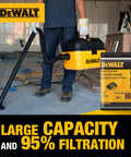 Person using a yellow wet dry vacuum in a workshop with Three Pack Dust Bags For 4 Gallon Wet Dry Vacuums DXVA25 4040 packaging.
