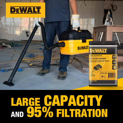 Person using a yellow wet dry vacuum in a workshop with Three Pack Dust Bags For 4 Gallon Wet Dry Vacuums DXVA25 4040 packaging.