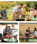 24000mAh Portable Camping Fan With LED Lantern at BBQ, fishing by lake, and picnic, showcasing versatility in outdoor settings