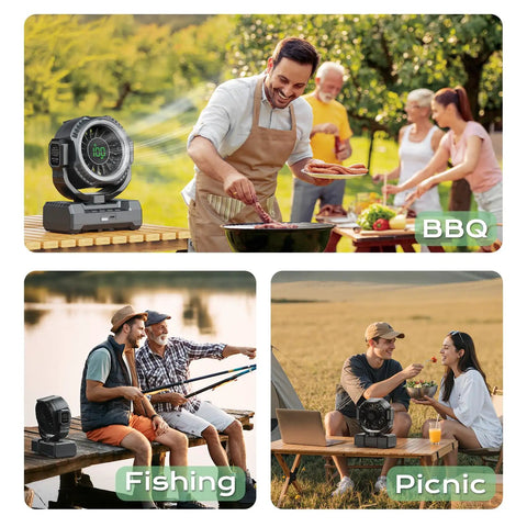24000mAh Portable Camping Fan With LED Lantern at BBQ, fishing by lake, and picnic, showcasing versatility in outdoor settings