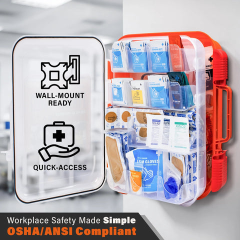 Front view of orange wall-mountable first aid kit open to reveal organized blue and white medical supply pouches.