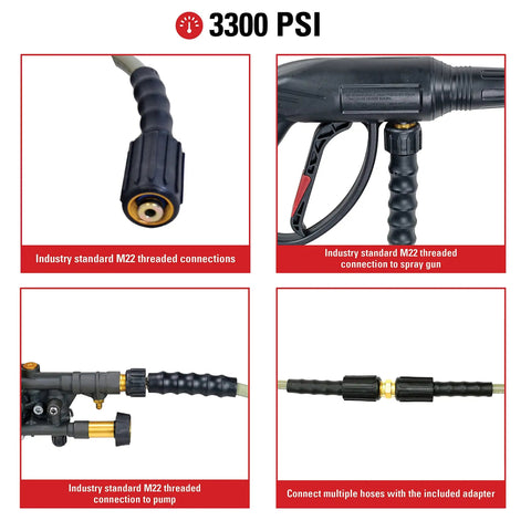 Morflex Series 3300 PSI Pressure Washer Hose for Cold Water Use, 25 Feet, showcasing M22 threaded connections