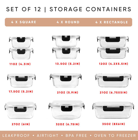24Pc Borosilicate Glass Storage Containers With Lids For Meal Prep And Lunch, showcasing 12 airtight containers in various shapes and sizes