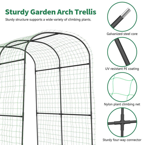 Outdoor Garden Arch Trellis For Climbing Plants, 83 Inch Tall Plant Support Arbor with steel frame and nylon netting details