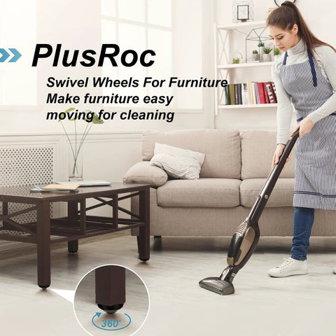 Woman vacuuming in living room with 8 Pack Self Adhesive Caster Wheels 1 Inch For Appliance Sliders And Furniture Storage Bins Low Profile
