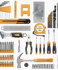 All In One 8V Cordless Drill Tool Set With 132 Piece Box Yellow, including various tools arranged for DIY projects