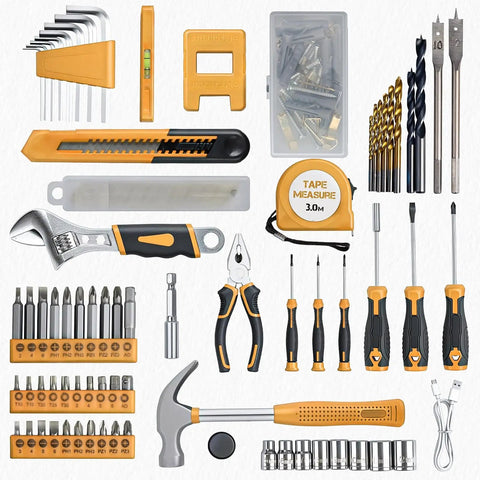 All In One 8V Cordless Drill Tool Set With 132 Piece Box Yellow, including various tools arranged for DIY projects