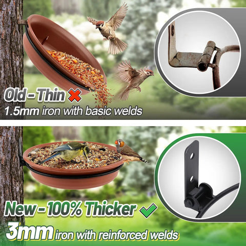 Comparison of Two Piece Tree Mounted Bird Feeder Tray Set For Outdoors showing old thin iron and new thicker iron with birds feeding.