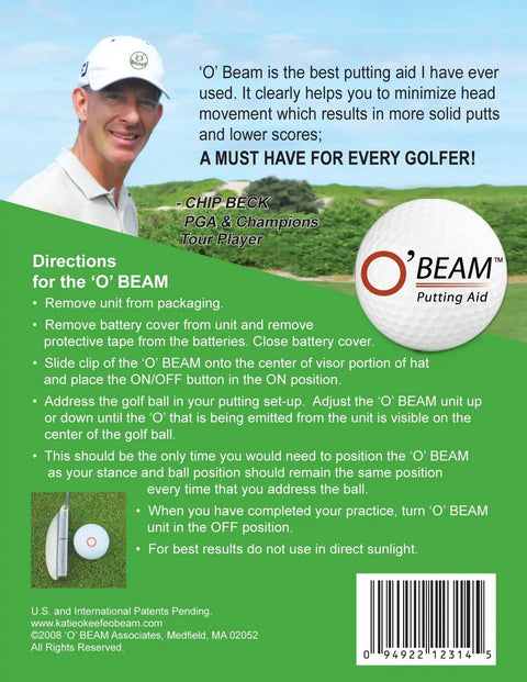 Chip Beck endorsing the Slick Hat Clip Golf Putting Trainer; instructional graphic showing product use for precise putting.