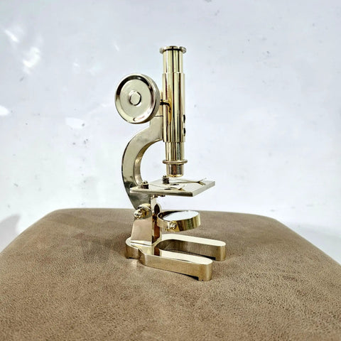 Top Shelf Handmade Solid Brass Microscope With Adjustable Focus Knob Straight Fire Vintage Desktop Display Bad Ass Collector Piece Fire Gift For Science Nerd, eight inches tall, detailed design.