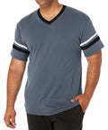Retro Ringer Tee With Contrast Sleeve Stripes And Knit V Neck 50 50 Poly Cotton Jersey Double Needle Hem All Day Comfy Team Spirit Tee In Graphite Black White Sized Small