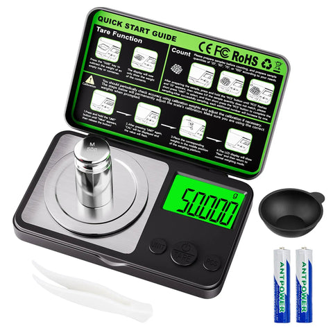 Ultra Precision Mini Pocket Scale 50G X 0.001G With Tare Function Backlit LCD Calibration Weight Included Seven Units