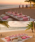 Extra Large Boho Picnic Blanket Set With Pink Table Runner 91 By 71 Inches Includes Six Pillow Covers And Six Napkins on beach