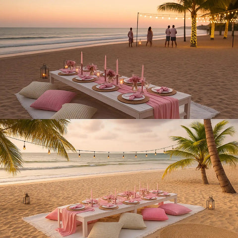 Extra Large Boho Picnic Blanket Set With Pink Table Runner 91 By 71 Inches Includes Six Pillow Covers And Six Napkins on beach