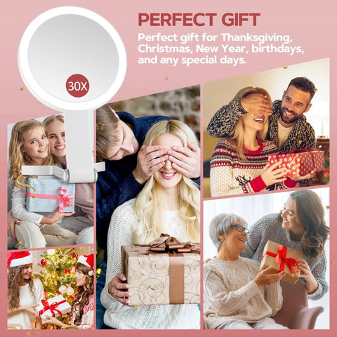30X Magnifying Makeup Mirror With Light, gift montage, people exchanging presents during holidays, smiling, festive atmosphere