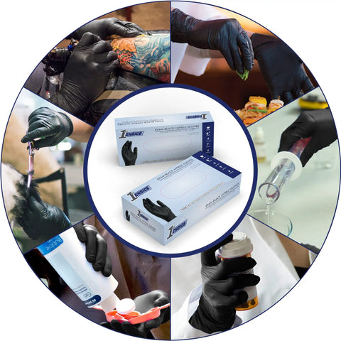 Heavy Duty Black Nitrile Disposable Gloves 4 Mil Thick X Large 100 Count Food Safe used in tattooing and food prep.