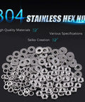 150-Piece SAE 304 Stainless Steel Hex Nuts 8-32 Coarse Thread, Flat Washers And Split Lock Washers Kit displayed on black background