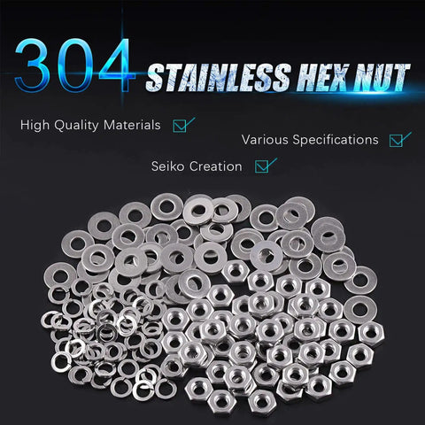 150-Piece SAE 304 Stainless Steel Hex Nuts 8-32 Coarse Thread, Flat Washers And Split Lock Washers Kit displayed on black background
