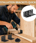 Man installing beefy heavy duty L shaped corner brackets kit with screws 16 pack 1.1 by 1.1 by 1.5 inch for furniture shelves