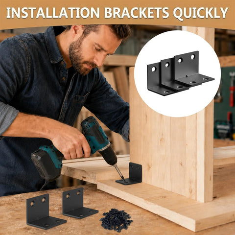Man installing beefy heavy duty L shaped corner brackets kit with screws 16 pack 1.1 by 1.1 by 1.5 inch for furniture shelves