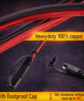 SAE To SAE Extension Cable 12 Foot 16 AWG With 2 Pin Quick Connect Polarity Reversal Adapter showing copper wires and dust cap