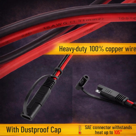 SAE To SAE Extension Cable 12 Foot 16 AWG With 2 Pin Quick Connect Polarity Reversal Adapter showing copper wires and dust cap
