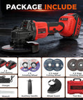 Badass Brushless Cordless Angle Grinder 5 Inch Battery Powered Heavy Duty Cutting Tool with accessories and packaging.