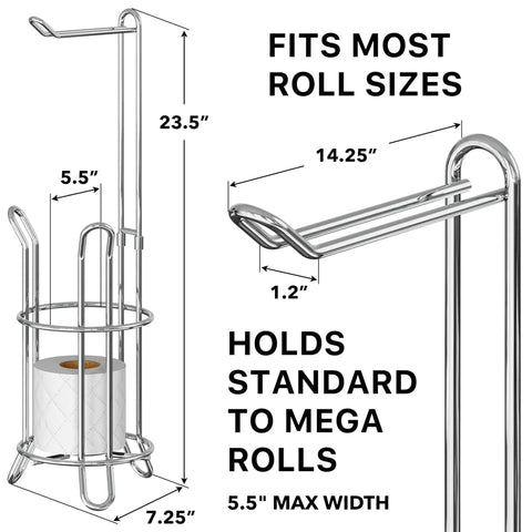 Freestanding Chrome Toilet Paper Roll Holder Stand That Fits All Roll Sizes Up To 5.5 Inches And Stores Up To Four Rolls At Once With No Drill And No Hardware Needed diagram showing dimensions.