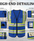 Custom Printed High Visibility Safety Vest With Reflective Tape For Contractors And Crews Featuring Zippered Front Design with pockets and features.
