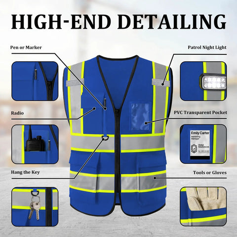 Custom Printed High Visibility Safety Vest With Reflective Tape For Contractors And Crews Featuring Zippered Front Design with pockets and features.