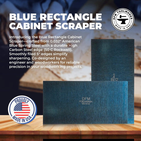 Top Shelf High Carbon Steel Rectangle Card Scraper Set delivering knockout performance on fine woodworking projects, blue spring steel.