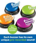 Answer Buzzers For Classroom Games And Trivia Colorful Sound Effect Buttons For Kids with unique pre-recorded sounds displayed.