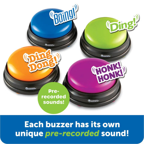 Answer Buzzers For Classroom Games And Trivia Colorful Sound Effect Buttons For Kids with unique pre-recorded sounds displayed.