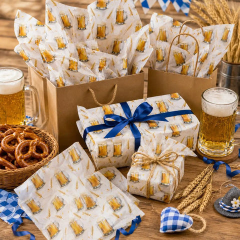 Beer Themed Tissue Paper Pack With 50 Sheets On 20x14 Inches ideal for gift bags, featuring beer glasses, foam, wheat, and gold designs.