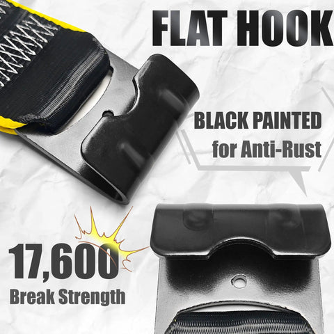 Close-up of Hammerlock flat hooks with anti-rust black paint, part of Heavy Duty 4 Inch Ratchet Cargo Straps 2 Pack.